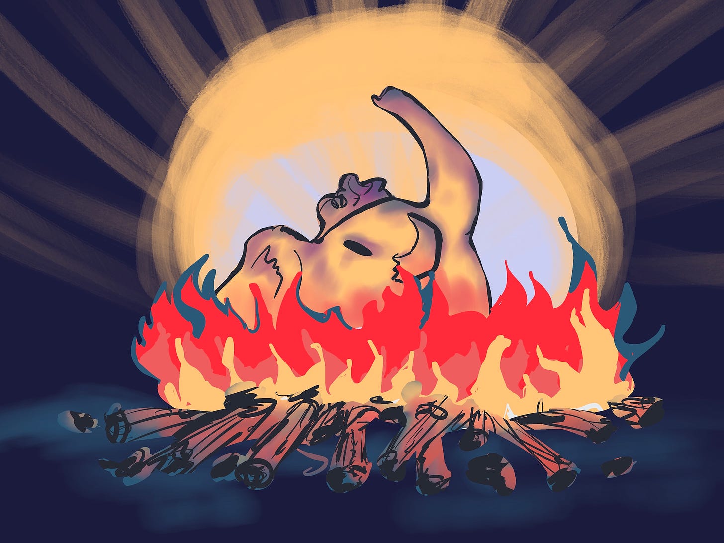 An illustration of a fire, and a Mastodon stylized like the app logo rising from the fire and the ashes.