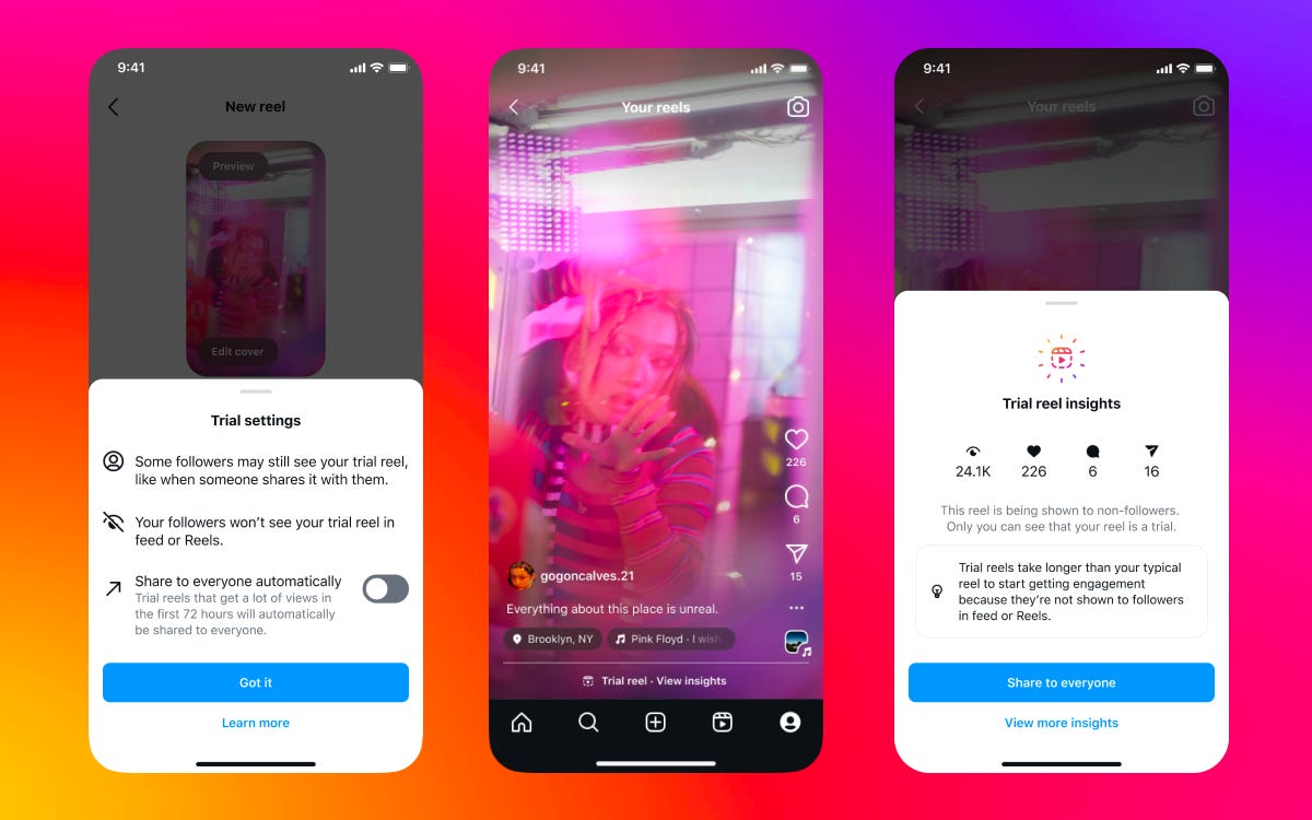 Screenshot of 3 mobile screen showing details of Instagram's new Trial Reels. Trial settings reads: Some followers may still see your trial reel, like when someone shares it with them. Your followers won't see your trial reel in feed or Reels