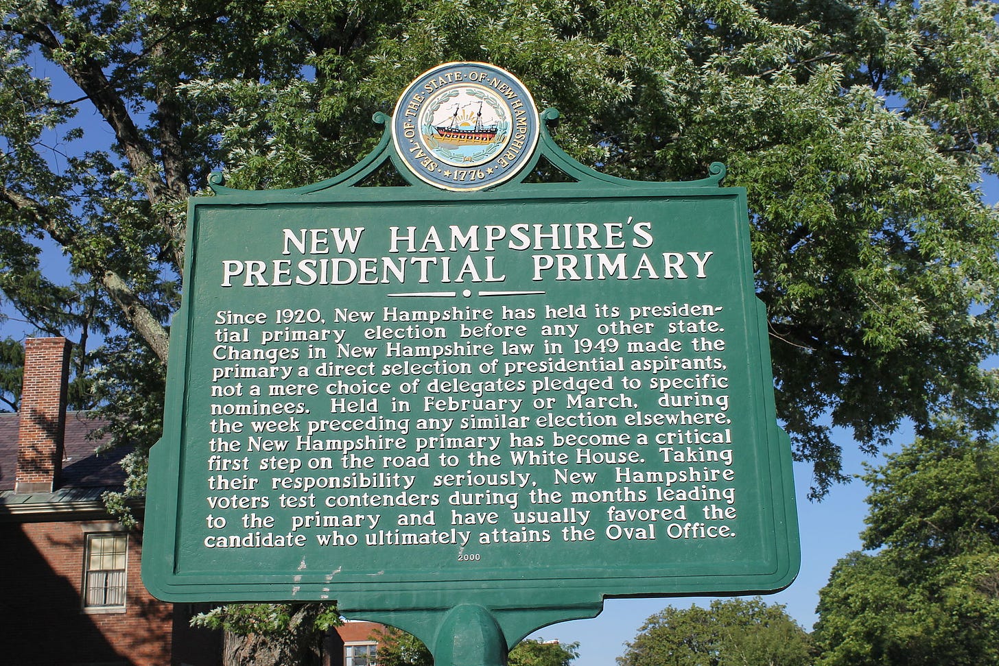 NEW HAMPSHIRE'S PRESIDENTIAL PRIMARY: Since 1920, New Hampshire has held its presidential primary election before any other state. Changes in New Hampshire law in 1949 made the primary a direct selection of presidential aspirants, not a mere choice of delegates pledged to specific nominees. Held in February or March, during the week preceding any similar election elsewhere, the New Hampshire primary has become a critical first step on the road to the White House. Taking their responsibility seriously. New Hampshire voters test contenders during the months leading to the primary and have usually favored the candidate who ultimately attains the Oval Office.