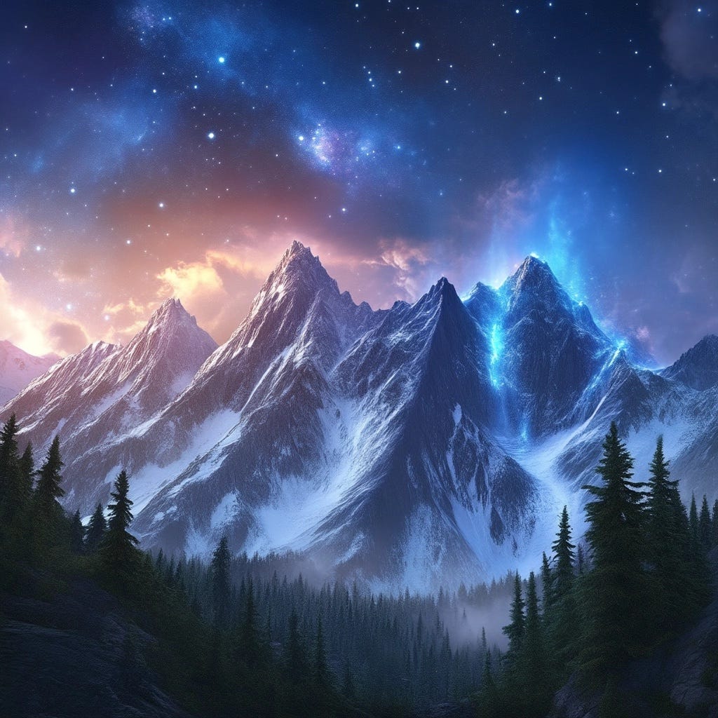 The mountains of the PNW but in a magical nighttime setting