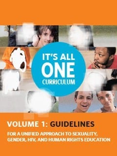 May be a graphic of 4 people and text that says "IT'S ALL ONE CURRICULUM VOLUME 1: GUIDELINES FOR A UNIFIED APPROACH 10 SEXUALITY, GENDER HIV, AND HUMAN RIGHTS EDUCATION"