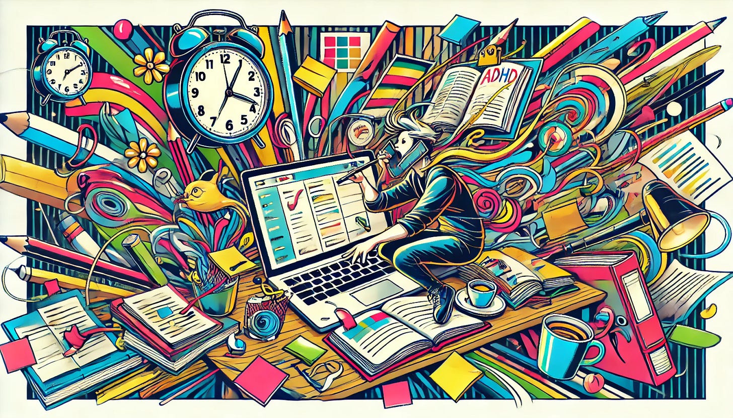 A vibrant, avant-garde illustration in a rectangular layout depicting a dynamic workspace of a person with Hyperactive-Impulsive ADHD. The scene shows a lively desk scattered with sticky notes, colorful planners, and an open laptop with multiple tabs displayed. The person is multitasking with animated energy—holding a coffee cup, typing on the keyboard, and glancing at a clock. Surrounding the desk are playful elements like a cat swatting a pencil, a stack of books teetering, and objects mid-motion, such as a paper plane flying across the frame. The art style is whimsical and energetic, emphasizing chaos and creativity without text or labels, in a modern, abstract, and colorful design.