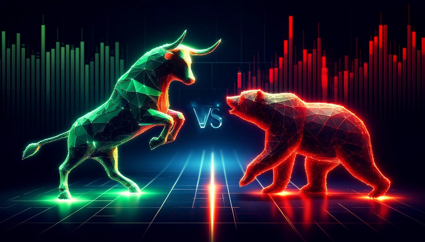 Create an image depicting a dramatic and stylized confrontation between a bull and a bear, both constructed from glowing, neon-lit wireframes. The bull, representing rising markets, is composed of vibrant green lights, while the bear, symbolizing falling markets, is crafted from deep red lights. They are depicted in a standoff on a dark, futuristic digital landscape, which includes subtle outlines of financial bar charts in the background. The scene is underlined by a luminous line on the ground. Above this dynamic scene, include the text 'Análisis Semanal by' in sleek, modern white lettering, suitable for a newsletter cover.