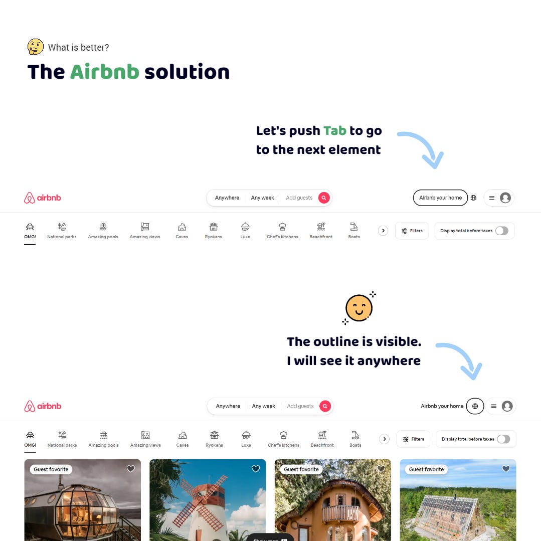 The Airbnb app. I am on the Open your place button. I wanna move on to the next element. I press Tab. Oh, I have moved on. I can clearly see the outline