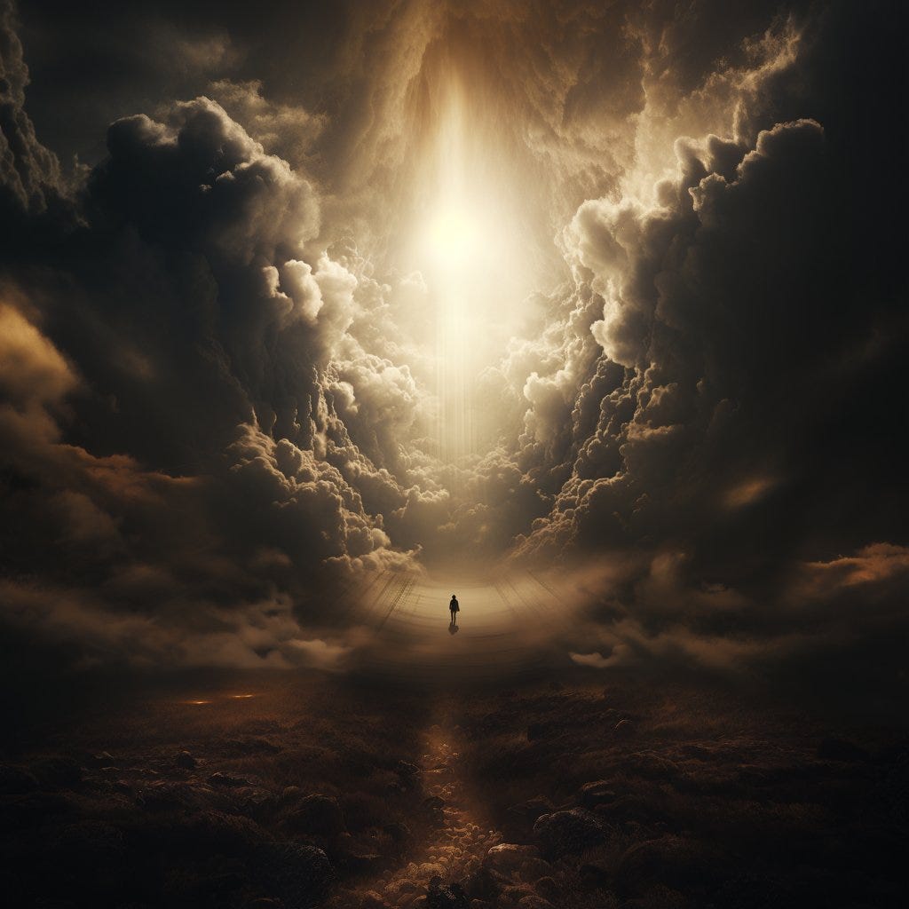 looking up to heaven, film lens, concept art, and illustration, like silent Hill, cinematic style like Denis Villeneuve, hyperrealistic, maximum detail, cinematic lighting, grainy, muted colors, octane render, 8k, well detailed, clouds, white and golden light colors