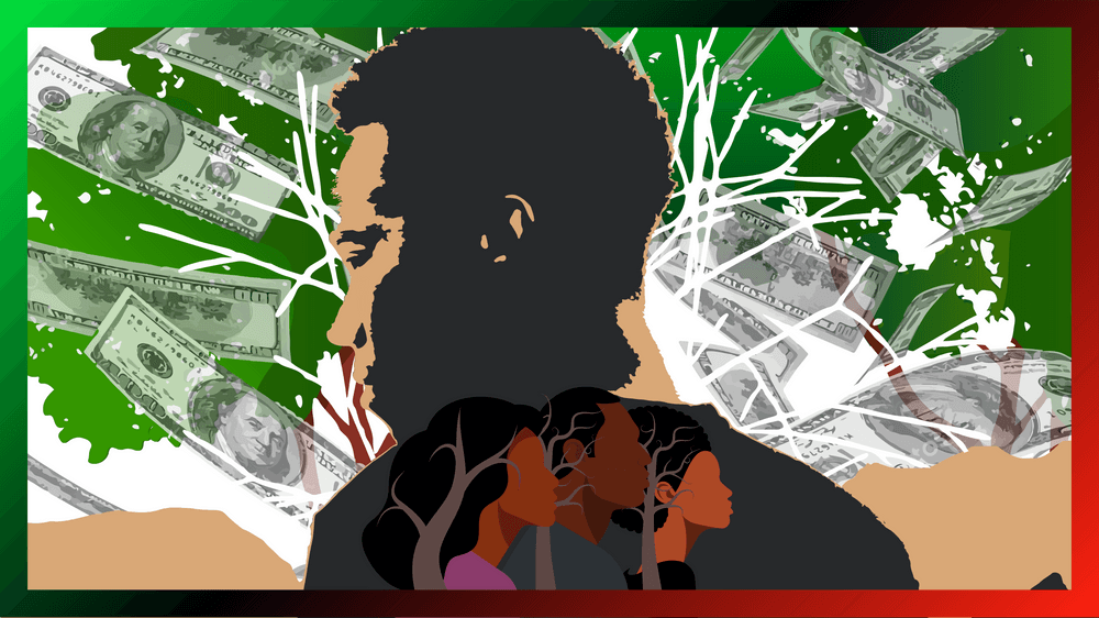 A man's profile in front of an abstract image of branches and hundred dollar bills