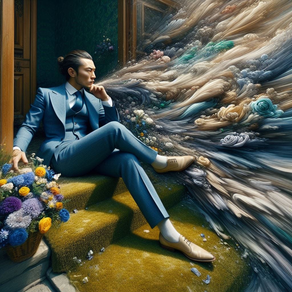 entire image is in motion disbursing into wind. maelstrom. Leather - Cracked mud Tough leather meets cracked earth's grasp. flowers. soft velvet. A light indigo blue and dark indigo trim suit with cream itallian shoes. mongolian man sits on a green and yellow and gold velvet rug. He is in a back porch of a house looking out at the elysian river. Hyper realistic/ titlshift from above / Wide-angle shot capture image dispursing into wind. serenity