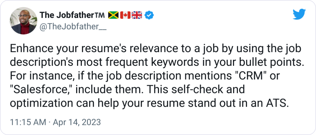 Enhance your resume's relevance to a job by using the job description's most frequent keywords in your bullet points. For instance, if the job description mentions "CRM" or "Salesforce," include them. This self-check and optimization can help your resume stand out in an ATS.