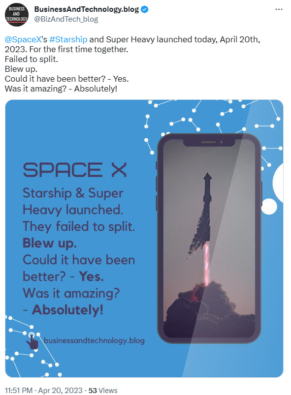 @SpaceX 's #Starship and Super Heavy launched today, April 20th, 2023. For the first time together. Failed to split. Blew up. Could it have been better? - Yes. Was it amazing? - Absolutely!