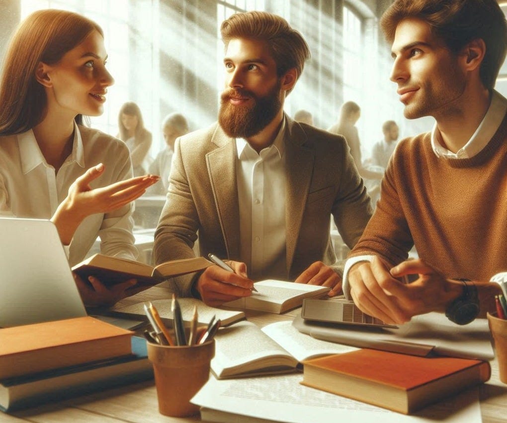 pesquisadores em um congresso de ciencias sociais segurando livros ou laptops debatendo ideias com iluminação realista tirando notas ou fazendo esboços conversando animadamente