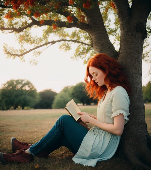 Woman with red hair wearing a white blouse, blue jeans, and brown boots sitting under a tree reading a book.