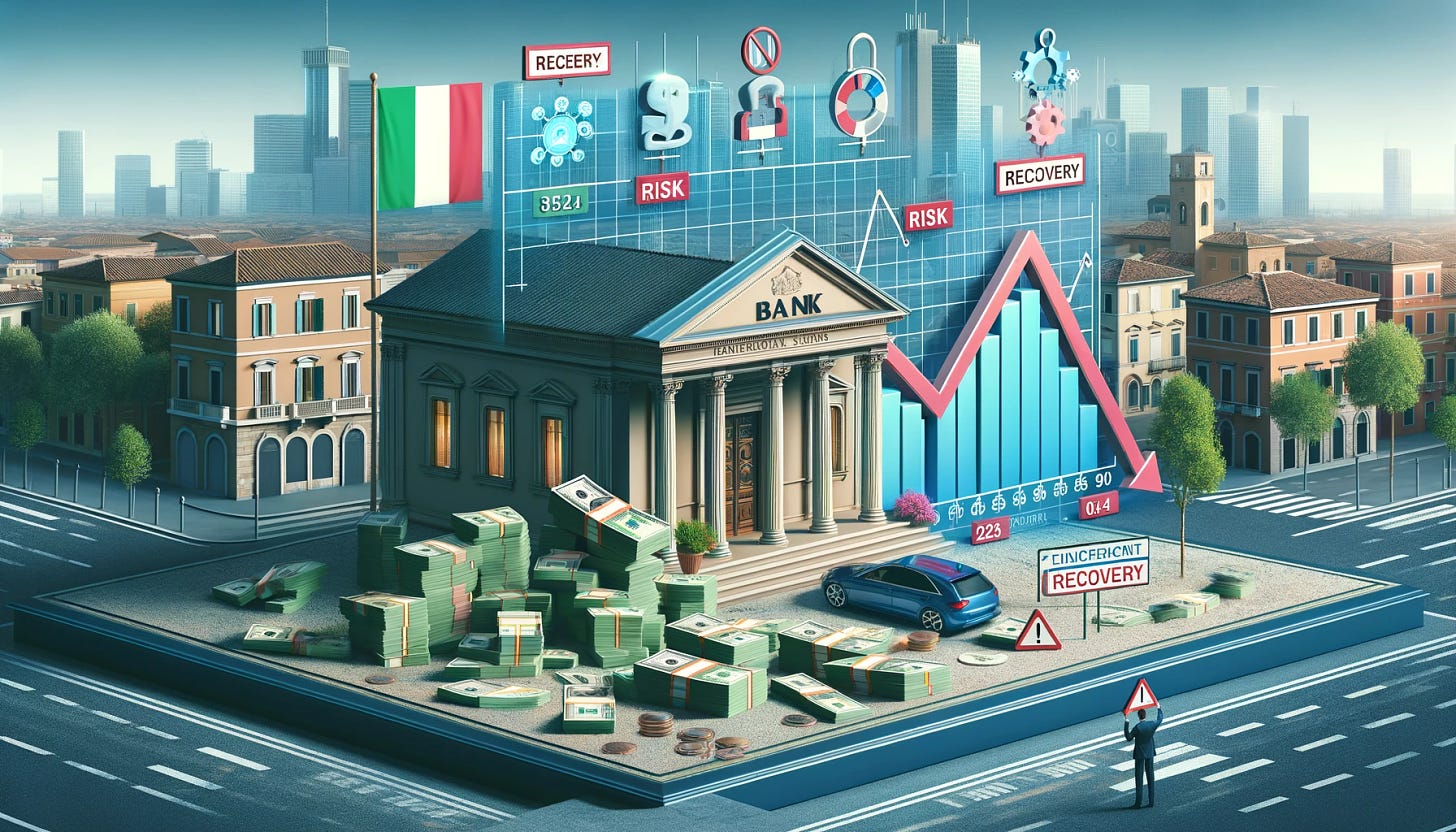 An image showing a decline in bad loans in the financial system in Italy. The scene includes a bank building with an Italian flag, a graph showing a decrease in bad loans, piles of money, and a recovery agent with documents indicating credit recovery. The background shows an urban Italian setting with risk warning signs and financial symbols. The overall atmosphere conveys a sense of financial stability and improving credit conditions.