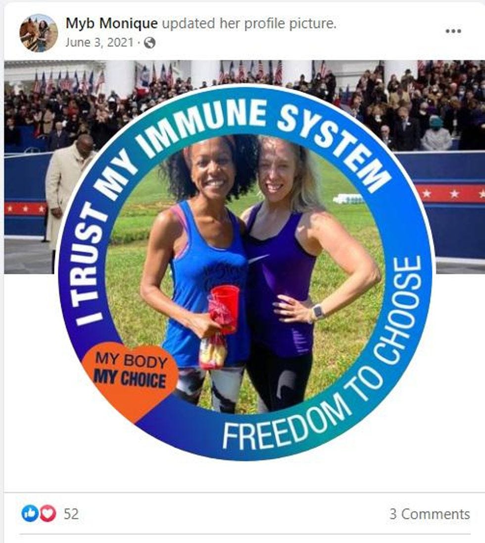 Photo labeled "I trust my immune system, my body my choice, freedom to choose"