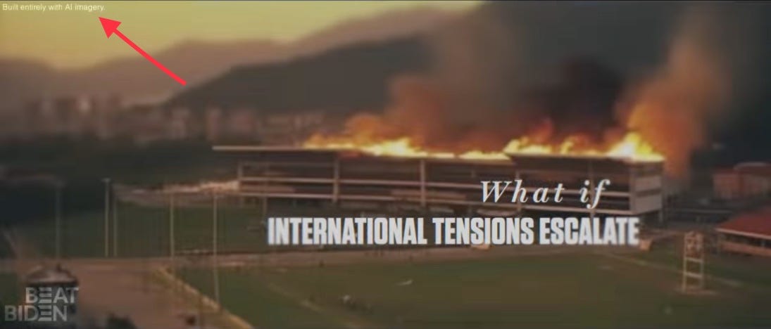 An AI-generated photo of a building on fire with the text "What if International tensions escalate". In the top-left corner is a tiny disclaimer that reads "Built entirely with AI Imagery."