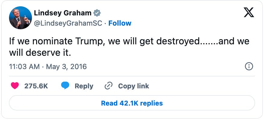 May 3, 2016 tweet from South Carolina Senator Lindsey Graham reading, "If we nominate Trump, we will get destroyed.......and we will deserve it."
