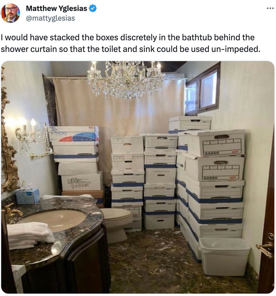  Matthew Yglesias @mattyglesias I would have stacked the boxes discretely in the bathtub behind the shower curtain so that the toilet and sink could be used un-impeded.