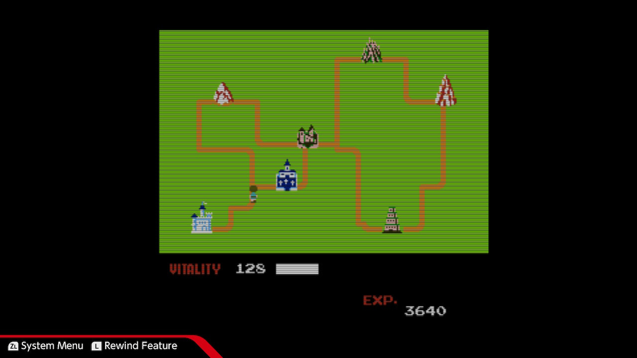 A screenshot from the Famicom edition of Dragon Buster, showing the game's Round 2 map. The sprites are all much smaller, but you can still clearly tell what each area is supposed to be.