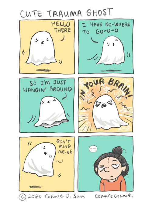 Cute Trauma Ghost comics, humor, comic strip, mental health awareness, ptsd, trauma portrayed visually as a ghost, cartoon by connie sun, cartoonconnie, sketchbook comic