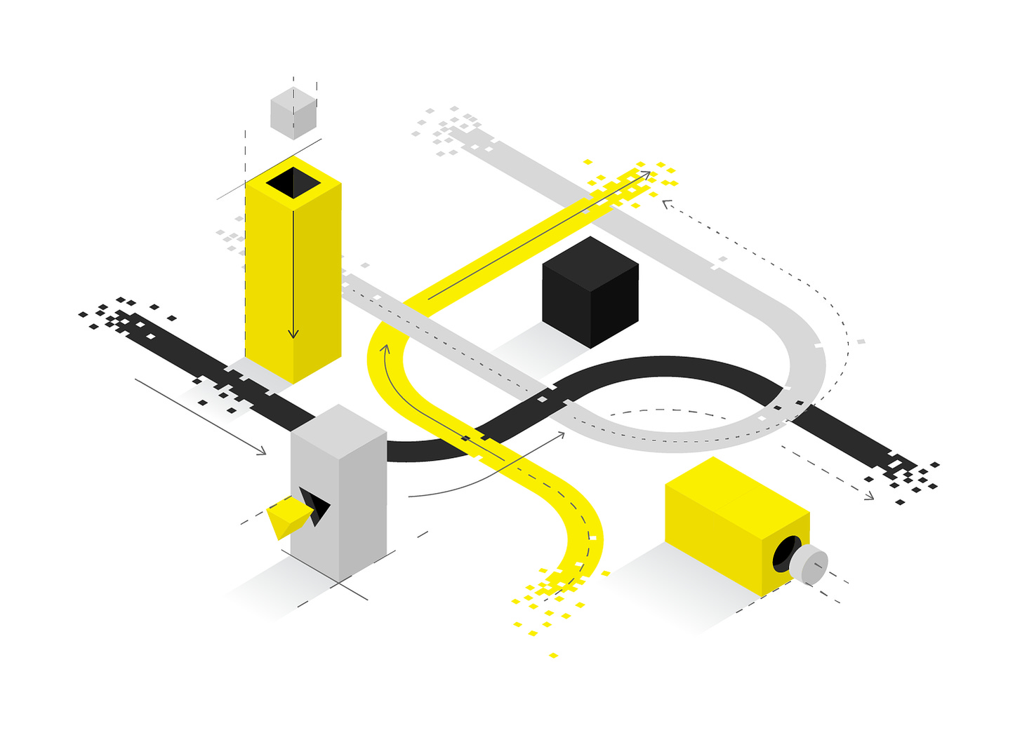 A digital vector illustration in gray, black and yellow, with architectural elements like rectangles, dotted lines and arrows. 