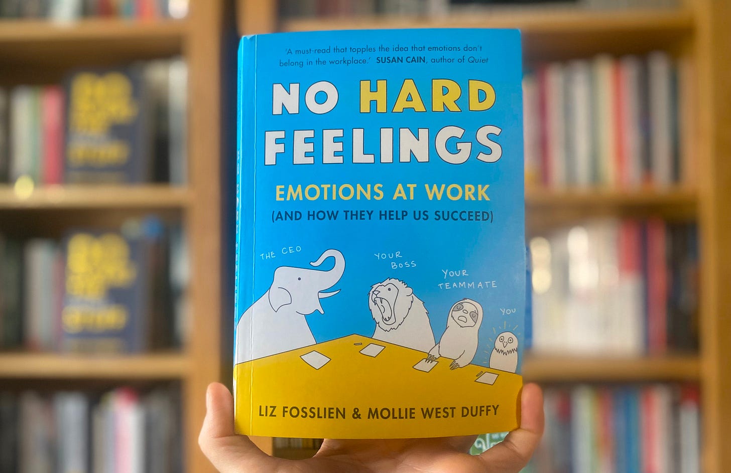 A hand holding a blue and yellow book with a cartoon style cover, called No Hard Feelings: Emotions at work (and how they help us succeed)