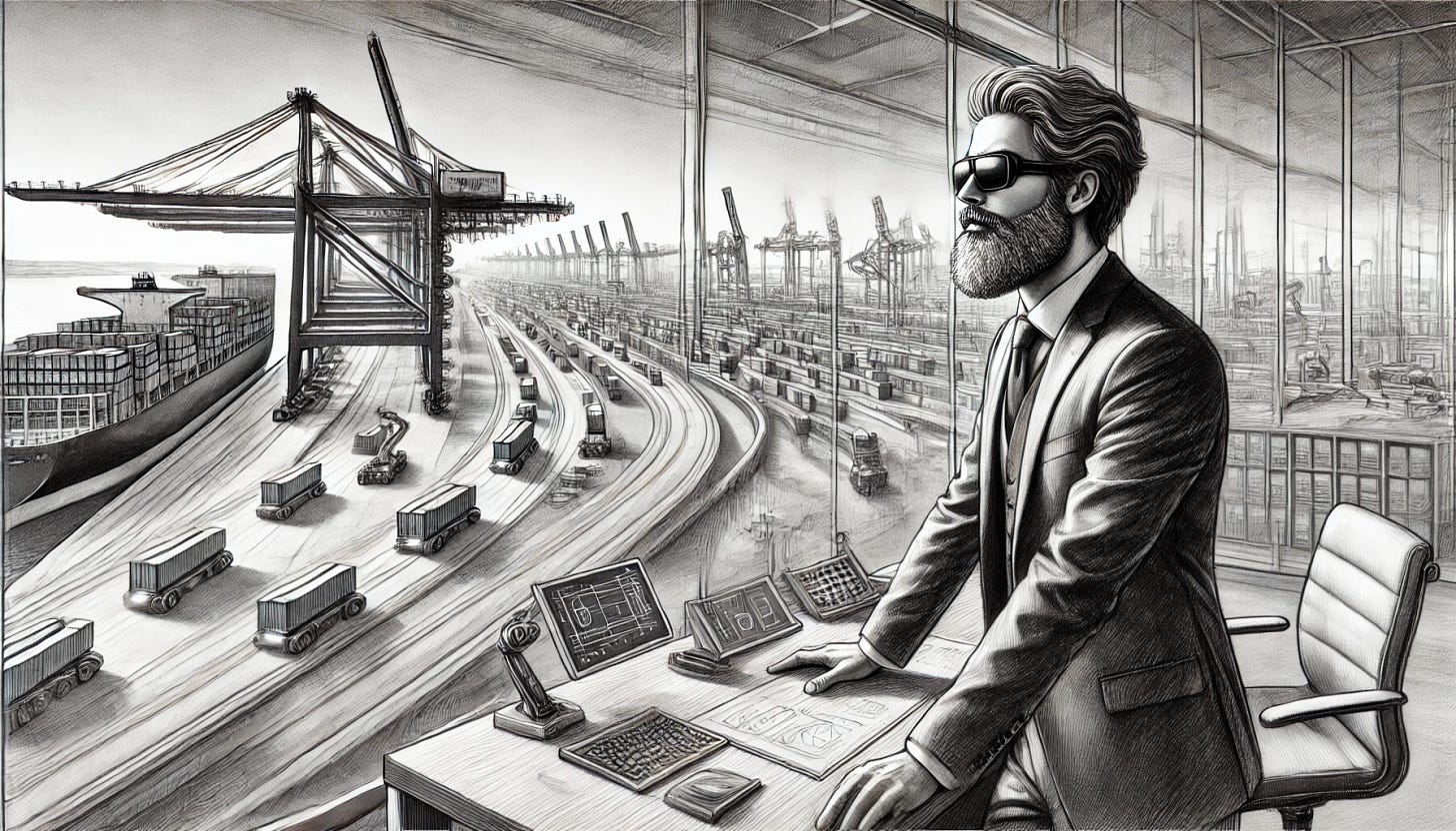 A dynamic and realistic pencil sketch of a futuristic middle-aged man with a full beard and sunglasses, standing in his modern office and gazing out over a bustling, fully automated port. The view through the large glass window reveals robotic cranes, moving shipping containers, and high-tech machinery at work. The man’s pose is thoughtful, his hands resting on the desk as he surveys the advanced industrial landscape. The sketch captures movement and realism, with detailed shading, giving the scene depth and a sense of futuristic innovation.