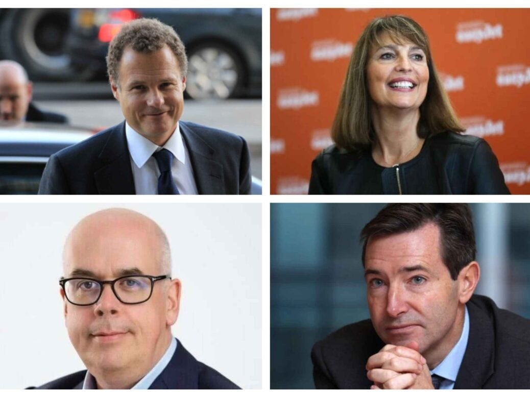 Four of the UK's highest-earning media executives: Clockwise from top left: DMGT CEO and chairman, Lord Rothermere; ITV CEO Carolyn McCall; Reach CEO Jim Mullen; FT CEO John Ridding
