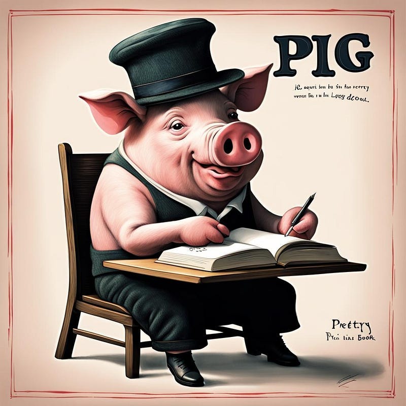 Pig with top hat, seated on chair, writing in a book