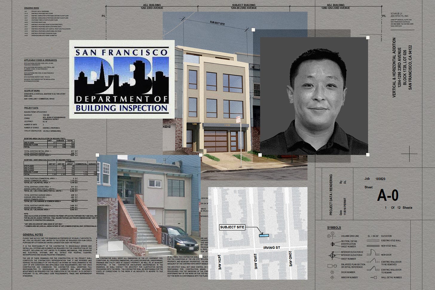 An illustration showing building plans and a photo of building inspector Van Zeng and his home.