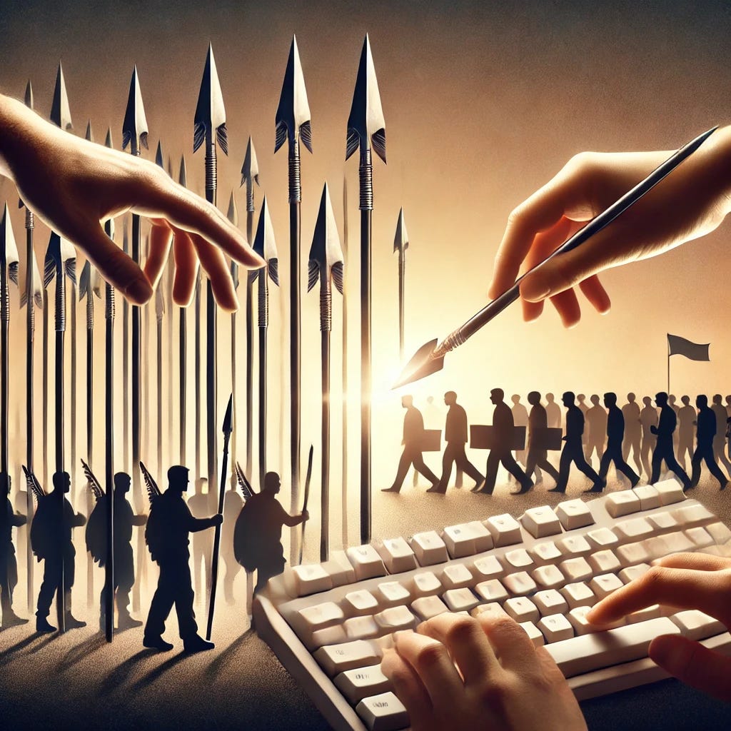 An image showing hands transforming spears into computer keyboards. In the background, silhouettes of people are visible—some still holding spears, representing those resisting AI, while others are using keyboards, symbolizing those embracing AI literacy. The transition from spears to keyboards is smooth and symbolic, representing the article's call to 'put down your spears' and focus on AI literacy. The overall scene blends a sense of conflict turning into progress, with subtle lighting and a transformative atmosphere.