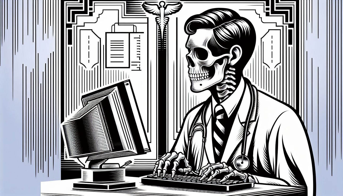 drawing of a skeleton doctor using a computer in a medical office in art deco style and black and white colors