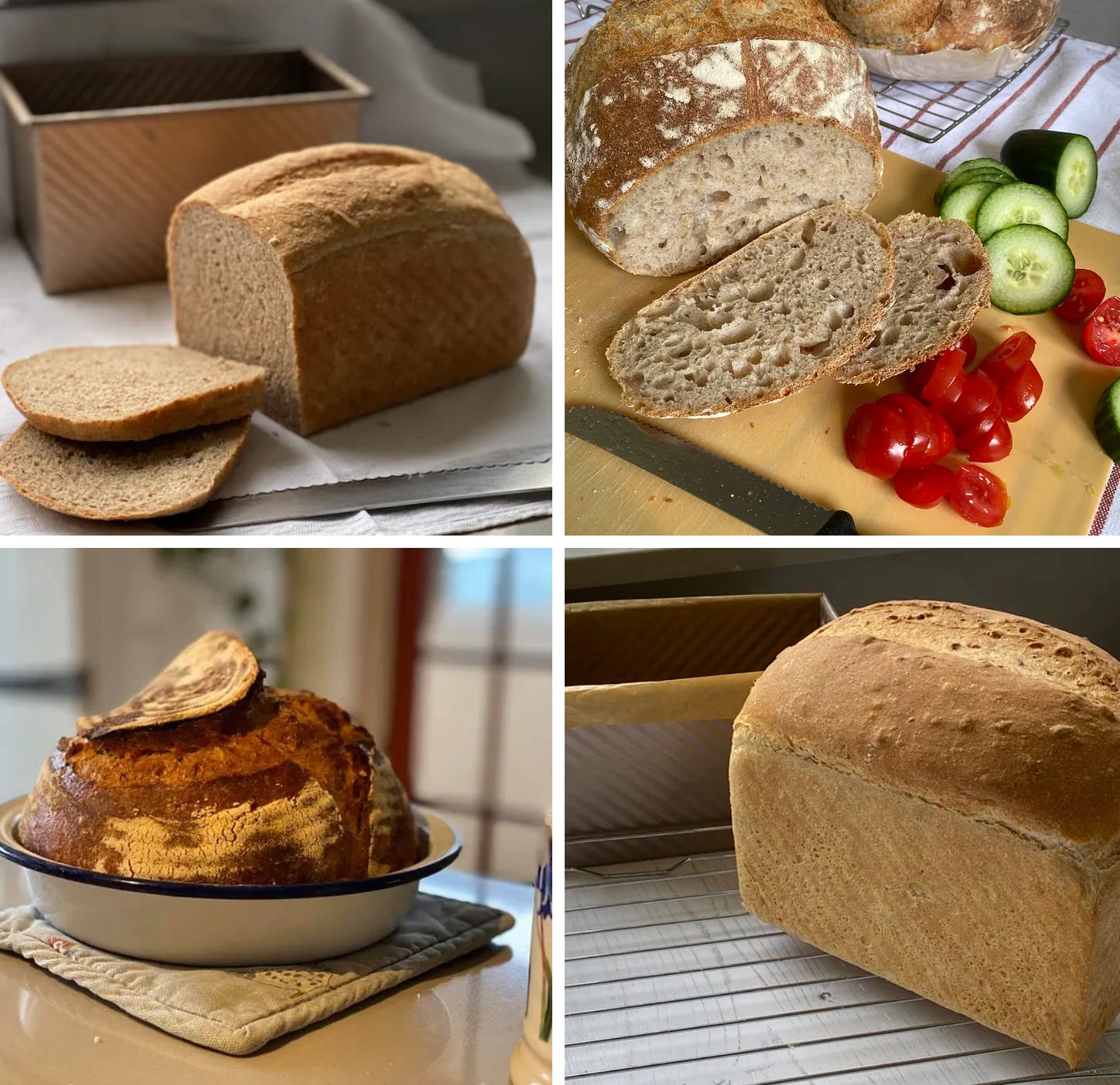 Various breads on counter tops, some are sliced.