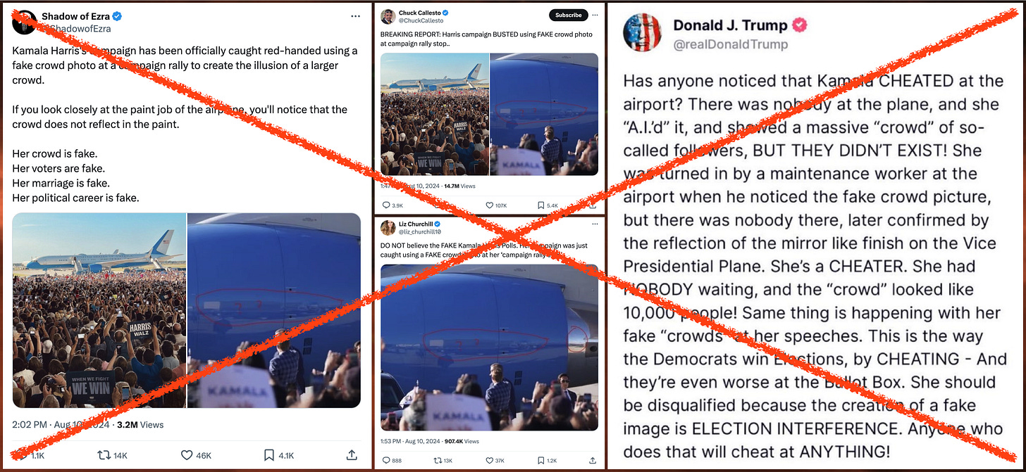 social media posts from Chuck Callesto, Liz Churchill, "Shadow of Ezra", and Donald Trump falsely claiming that a photo of a Kamala Harris rally is fake