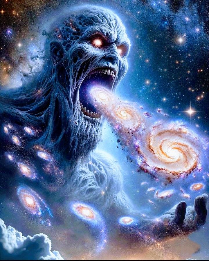 This may contain: an image of a creature eating something out of his hand with the galaxy in the background