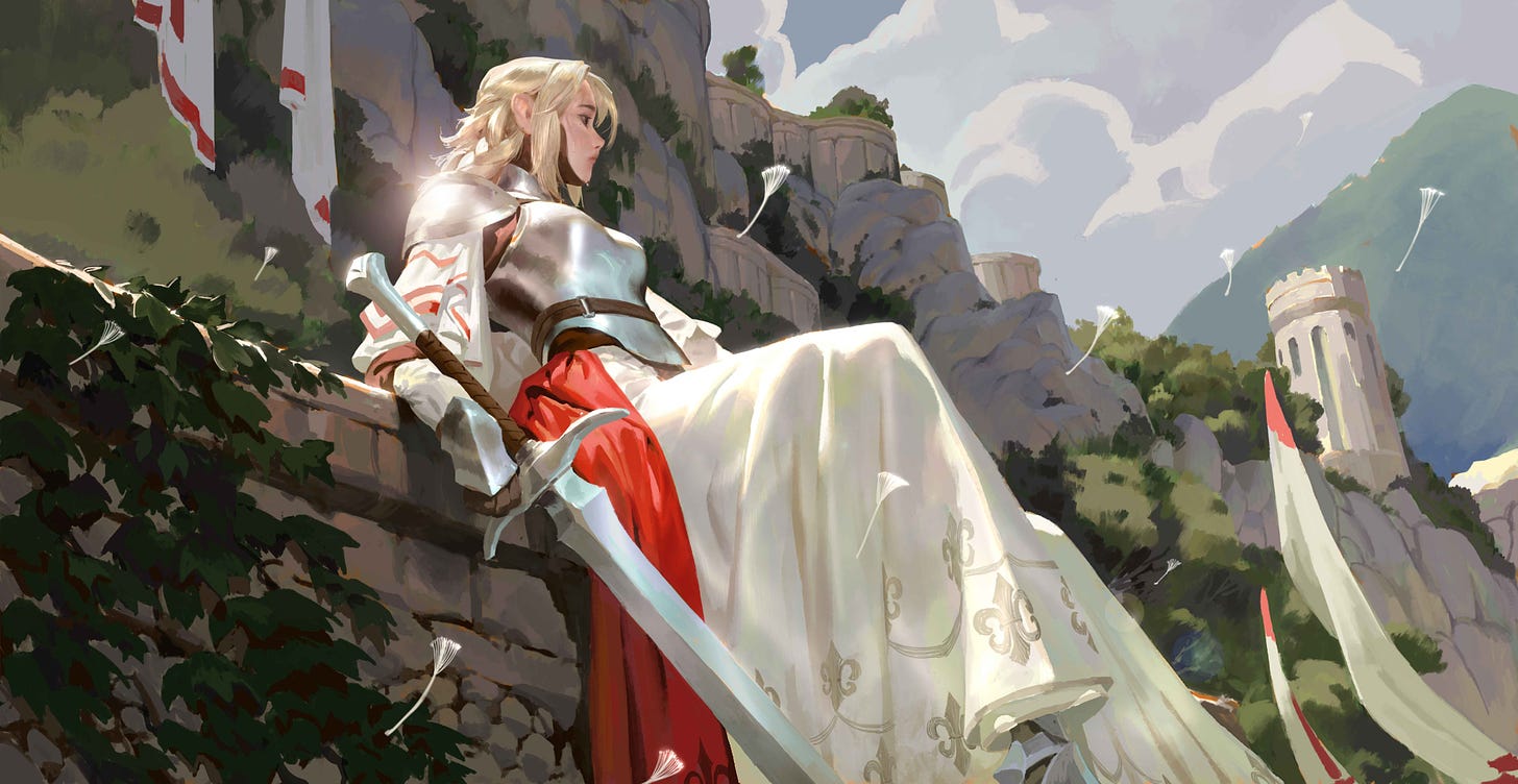 General 4096x2115 Sang Delan digital art artwork illustration digital painting women sitting long hair blonde sword dress white dress armor clouds rock formation tower women with swords looking away