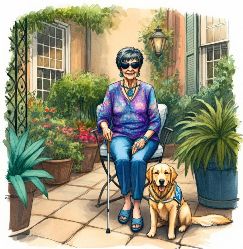 Image of blind woman with white cane and guide dog in her courtyard garden