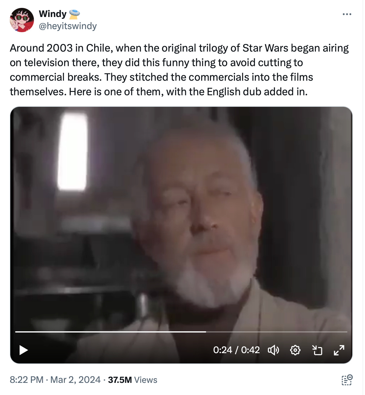Heyitswindy's tweet: Around 2003 in Chile, when the original trilogy of Star Wars began airing on television there, they did this funny thing to avoid cutting to commercial breaks. They stitched the commercials into the films themselves. Here is one of them, with the English dub added in.