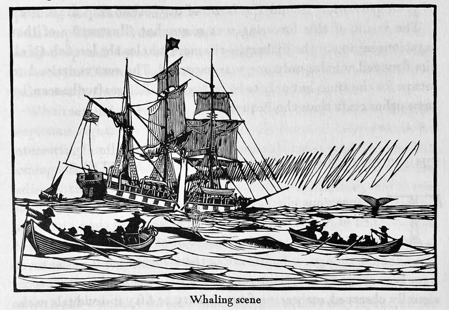 Engraving a whale ship and whaleboats in the sea