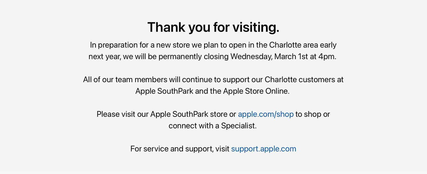 Apple Northlake Mall closing message.