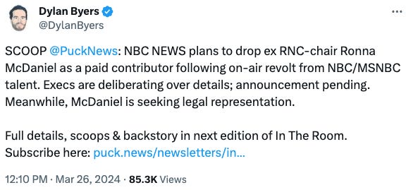 @DylanByers SCOOP  @PuckNews : NBC NEWS plans to drop ex RNC-chair Ronna McDaniel as a paid contributor following on-air revolt from NBC/MSNBC talent. Execs are deliberating over details; announcement pending. Meanwhile, McDaniel is seeking legal representation. 