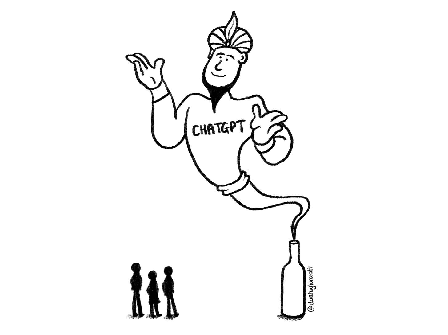 Cartoon of 3 figures in silhouette looking up at a huge ChatGPT genie emerging from a bottle