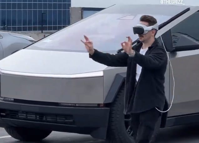 a still from one of the dumbest videos i’ve ever seen, where a man walks out of a cybertruck wearing the apple vision pro headset, and immediately starts gesturing wildly as if using the headset while walking, which is not possible. (link below in the newsletter) 