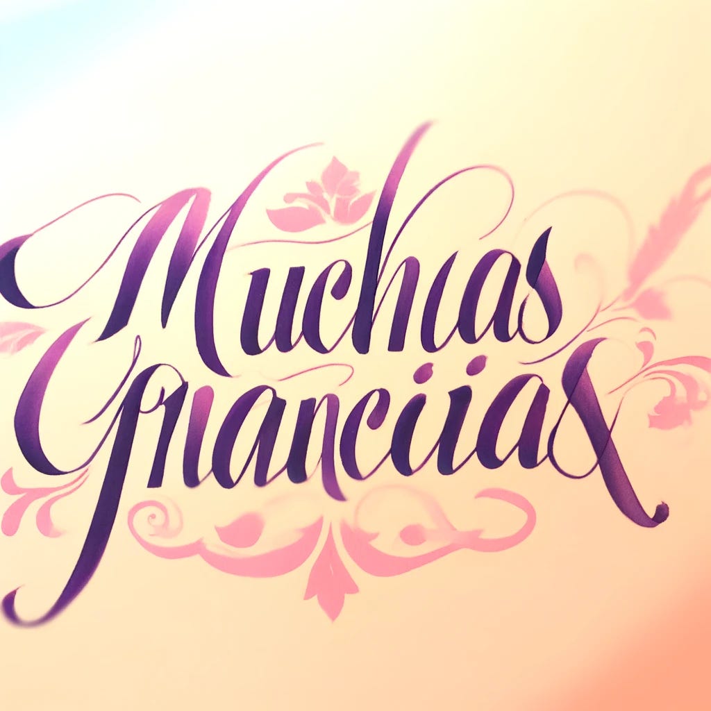 A beautiful calligraphy text that reads 'Muchas Gracias' on a soft pastel background. The text is artistically drawn in an elegant, flowing script with embellishments and floral designs around it. The colors of the letters gradually change from a warm pink at the top to a deep violet at the bottom. The background has a gentle gradient from light peach to pale blue, creating a soothing and appreciative atmosphere.
