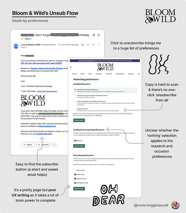 Bloom&Wild’s unsubscribe flow — too many preferences and too overwhelming