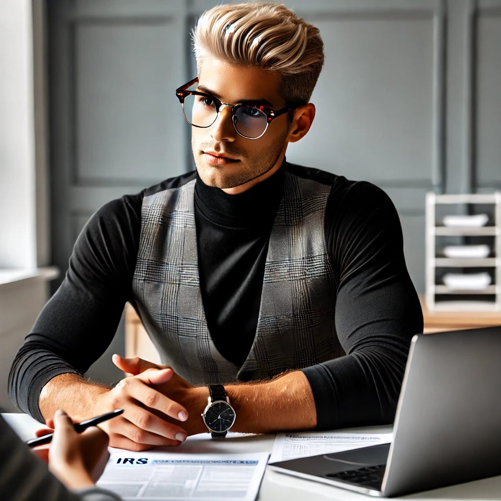 A young, stylish male IRS problem solver in his mid-30s, with platinum blonde hair, blue eyes, no facial hair, wearing tortoise shell glasses and a black turtleneck, sitting at a sleek desk with a silver MacBook. He is attentively helping a concerned client solve their IRS tax problem. The client, seated across from him, is holding IRS debt notices while the advisor explains a solution using a tax resolution plan displayed on the laptop. The atmosphere is supportive, focused, and professional, with documents, a clean whiteboard with visual diagrams (no text), and a calm, well-lit modern office setting.