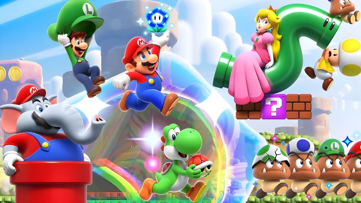 The cast of Super Mario Bros. Wonder runs through the Flower Kingdom