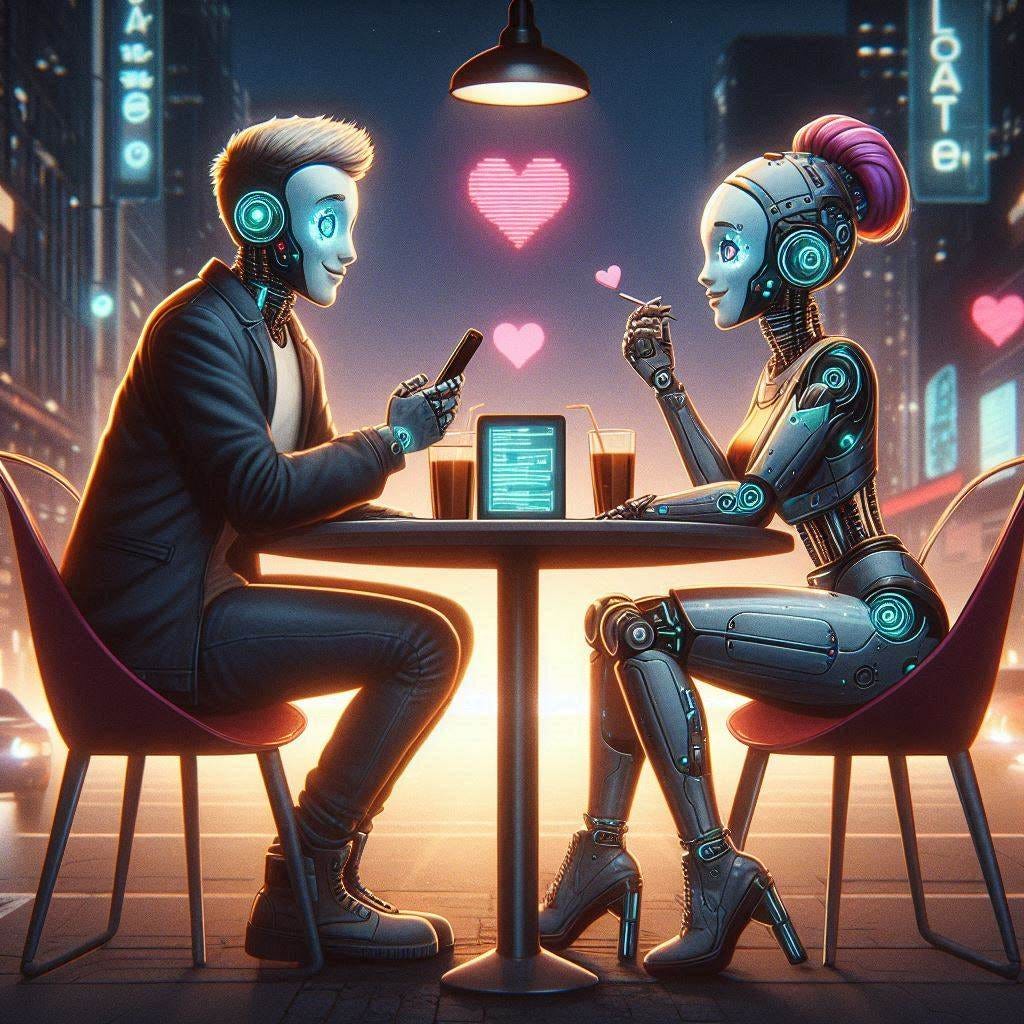 two chatbots on a date, male bot and female bot, cyberpunk style