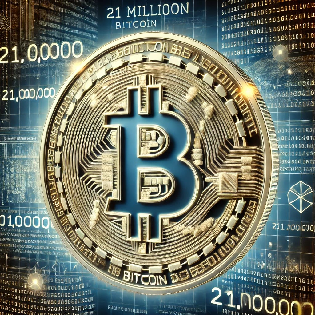 An image representing 21 million Bitcoin using code. The image should feature the Bitcoin symbol prominently, with digital binary code and blockchain elements in the background. Include numbers like '21,000,000' and cryptographic symbols to highlight the fixed supply. The overall theme should be technological and futuristic, emphasizing Bitcoin's digital nature and the coding aspect of its creation and maintenance.