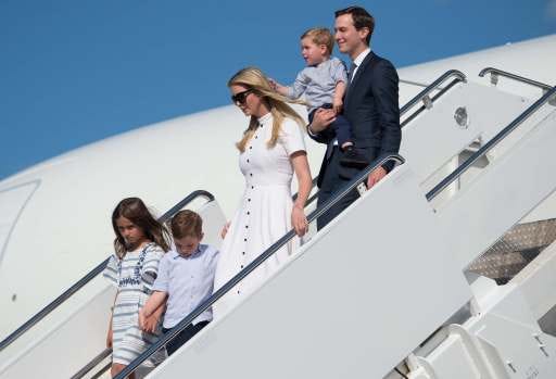 White House Senior Advisers Jared Kushner and Ivanka Trump disembark from Air Force One with their children upon arrival at Morristown Municipal Airport in Morristown, New Jersey, June 29, 2018, as US President Donald Trump travels for the weekend to Bedminster, New Jersey. (Photo by SAUL LOEB / AFP)        (Photo credit should read SAUL LOEB/AFP/Getty Images)