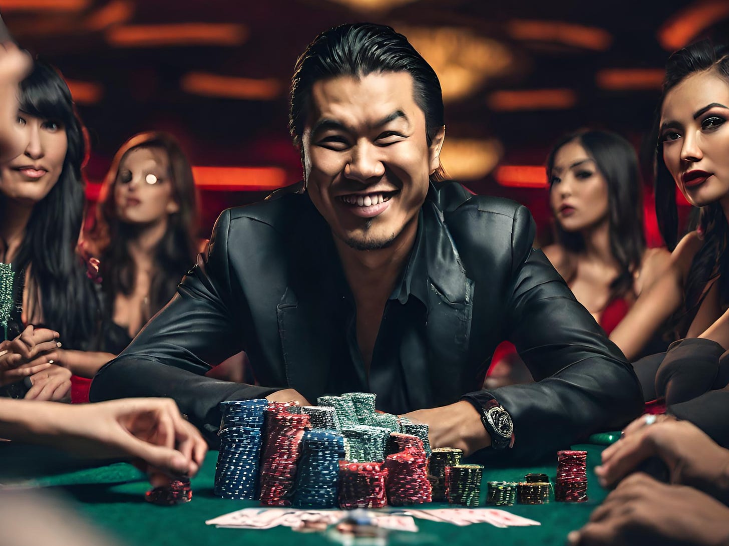 asian american rockstar in a casino betting his life savings at the poker table. he looks mischevious and happy. camera shot is wide angle centered and zoomed out. spotlight on the man. piles of poker chips around him. girls watching in awe in the background.