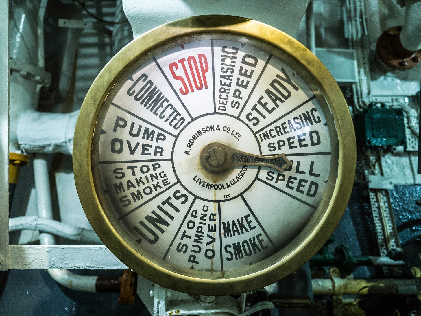 Close-up of a ship's control dial